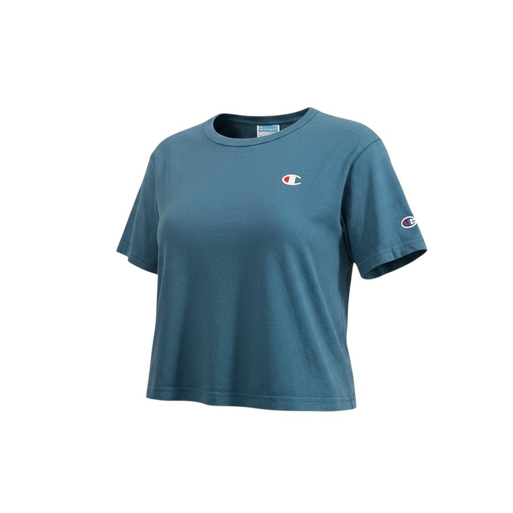 Champion Heritage Cropped T-Shirt Teal Blue Embroidered Logo Small